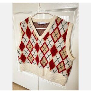 Zara Sz S Amazing Argyle Pattern Sweater Vest Cropped Cream Green Red & Beige
